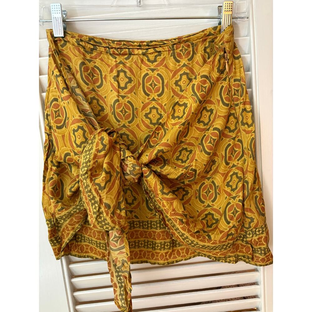 Free People Imogen Sarong Boho Viscose hippie Turmeric Orange Wrap Mini Skirt 4 - Picture 5 of 10